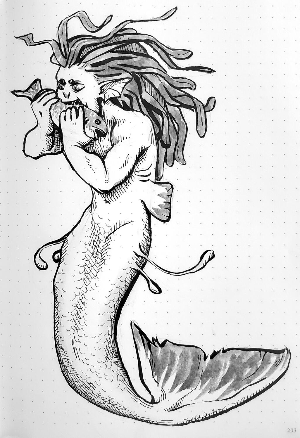 mermaid eating a fish